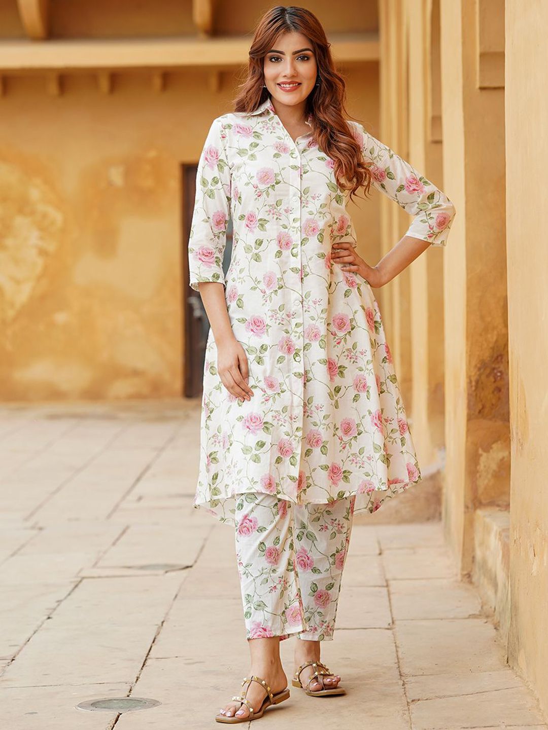 KALINI Floral Printed Pure Cotton Tunic With Trouser Co-Ords-picture-12