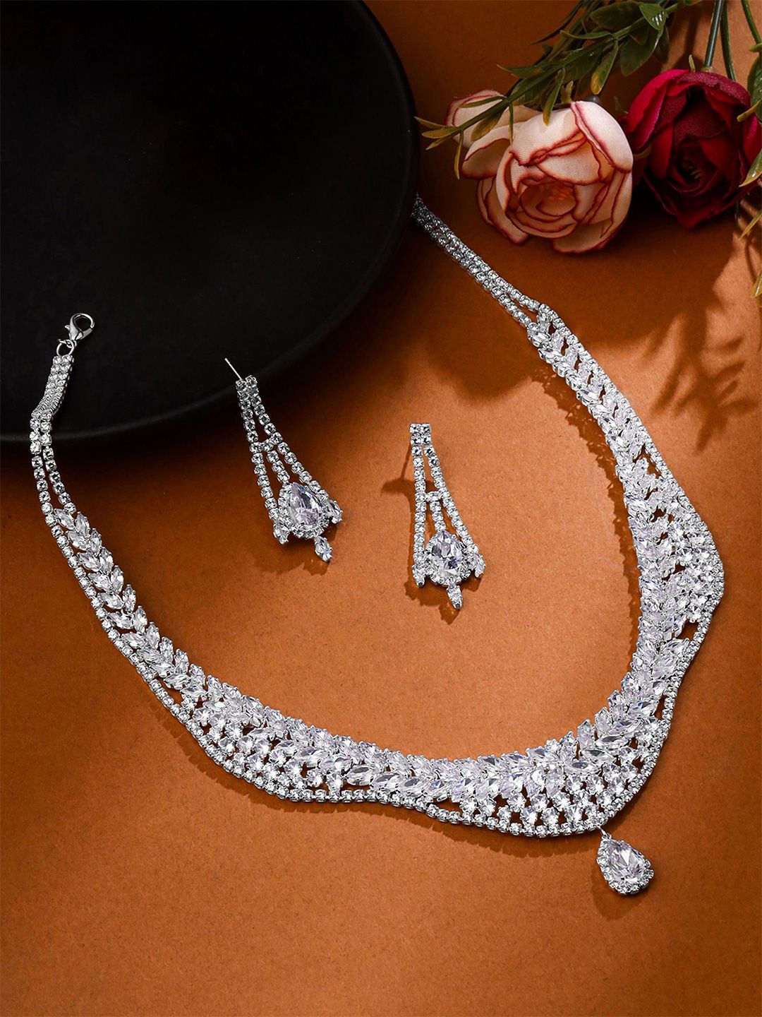 Yellow Chimes Rhodium Plated Cubic Zirconia & Diamond Studded Jewellery Set-picture-48