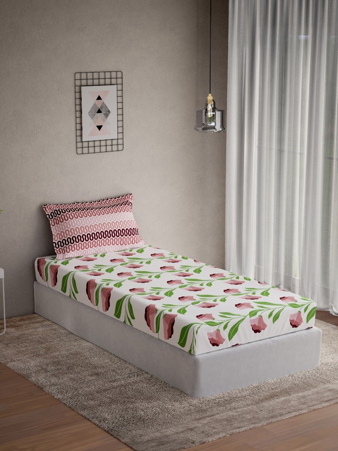 DDecor Live Beautiful White & Red Floral 145TC Cotton Single Bedsheet & 1 PillowCover-picture-29