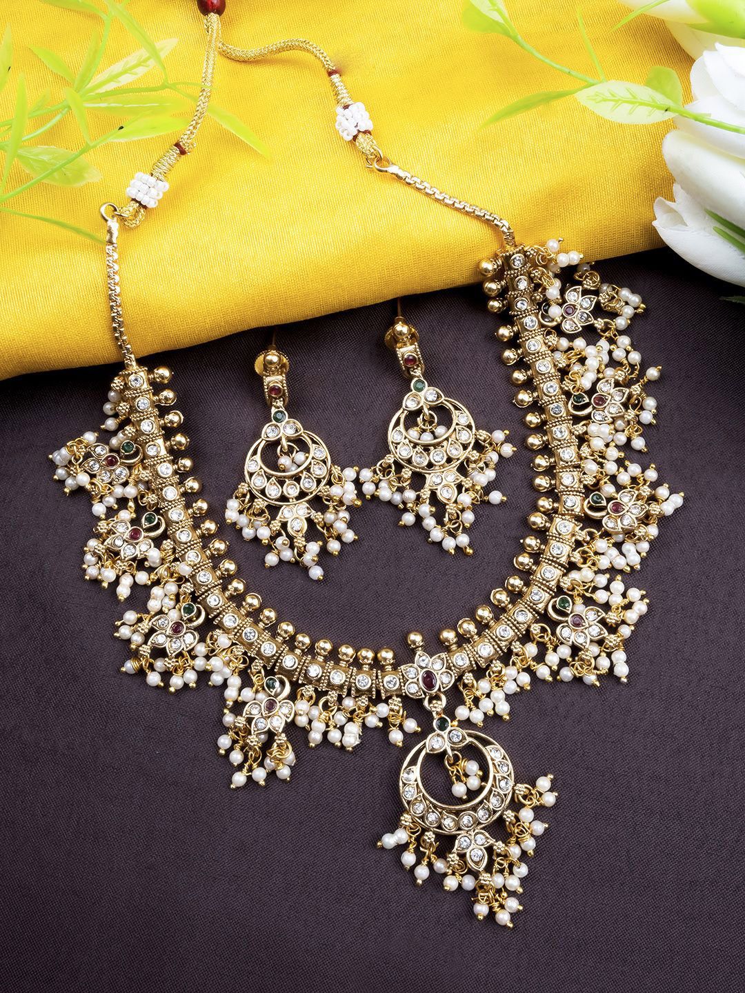 StileAdda Gold Plated Stone Studded & Beaded Jewellery Set-picture-18