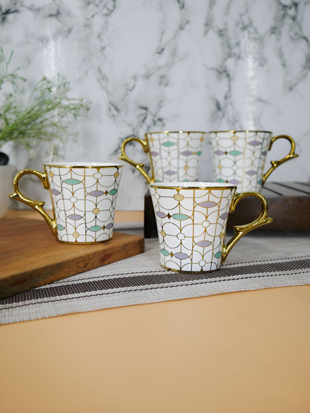 Femora White & Gold-Toned 4 Pieces Textured Ceramic Glossy Coffee & Tea Cup-picture-23