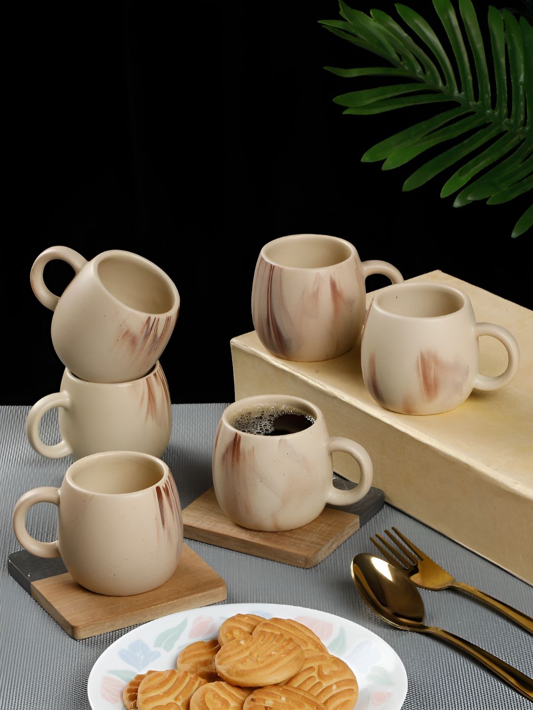 Arrabi Cream-Coloured & Brown Printed Ceramic Matte Cups Set of Cups and Mugs