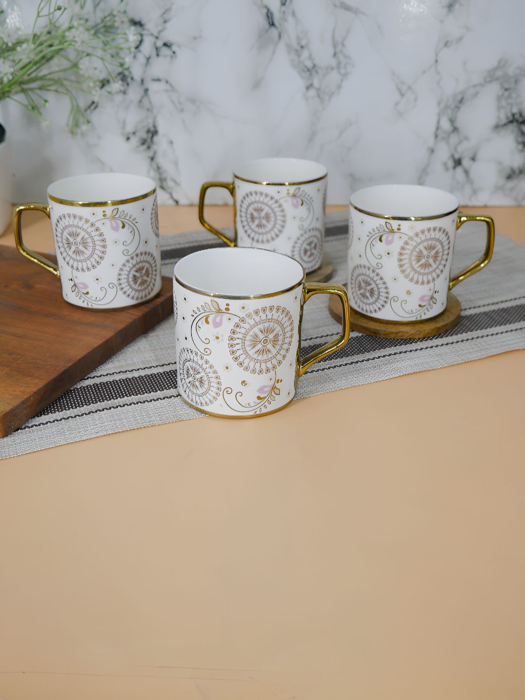 Femora White & Mustard 4 Pieces Printed Ceramic Glossy Coffee & Tea Cup-image-17