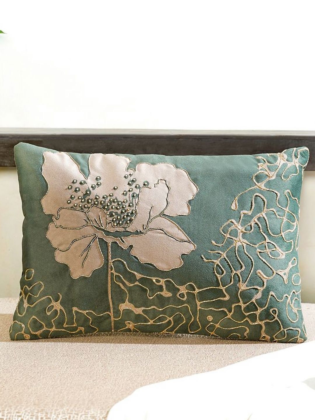 Mid July Home Green & Gold-Toned Floral Velvet Square Cushion Covers-image-35