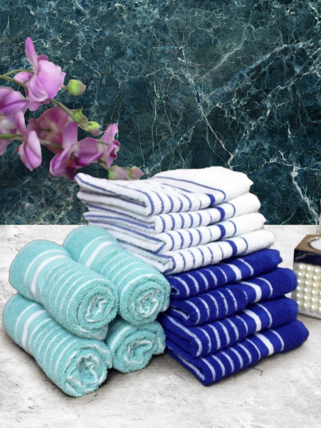 Aura Navy Blue 12 Pieces Striped Cotton 150 GSM Hand Towels-image-42