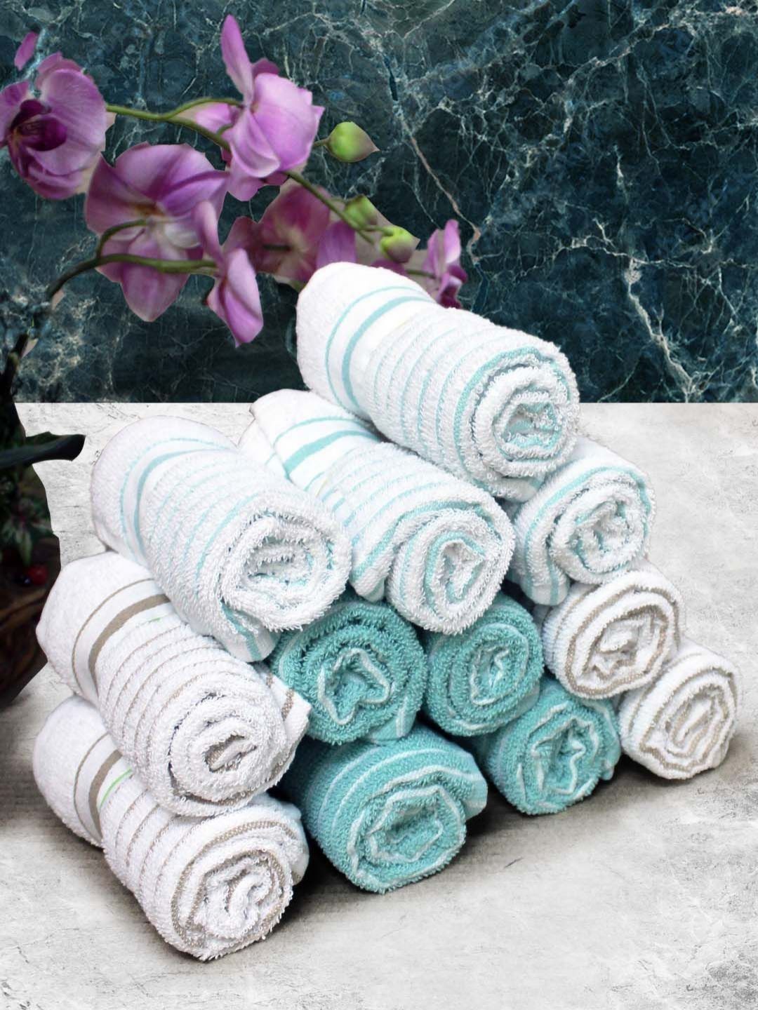 Aura White & Blue Striped Pure Cotton 150 GSM Hand Towels-image-32