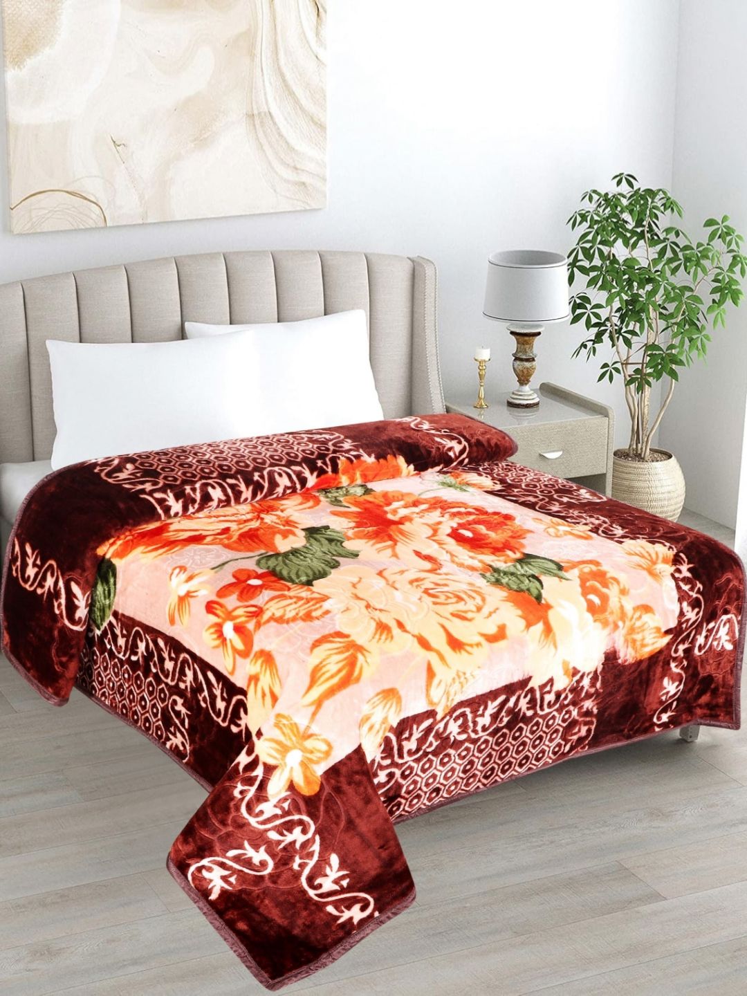 LA VERNE Green & Orange Floral Mink Heavy Winter 500 GSM Double Bed Blanket-image-25