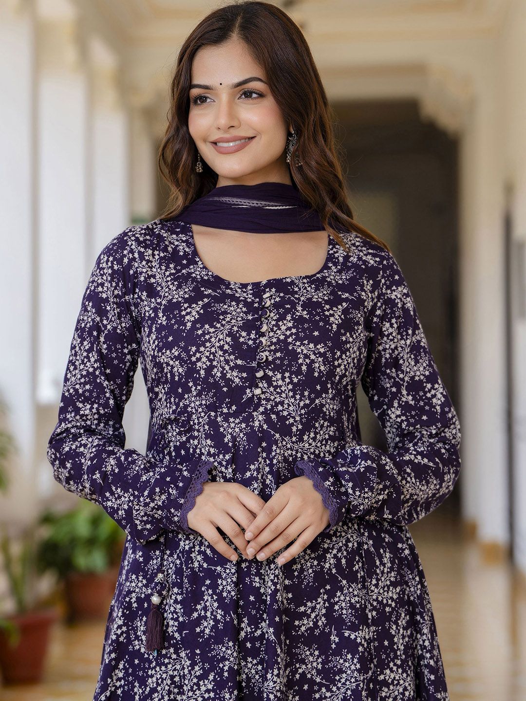 Anouk Purple Floral Printed Empire Pure Cotton Anarkali Kurta With Pyjama & Dupatta