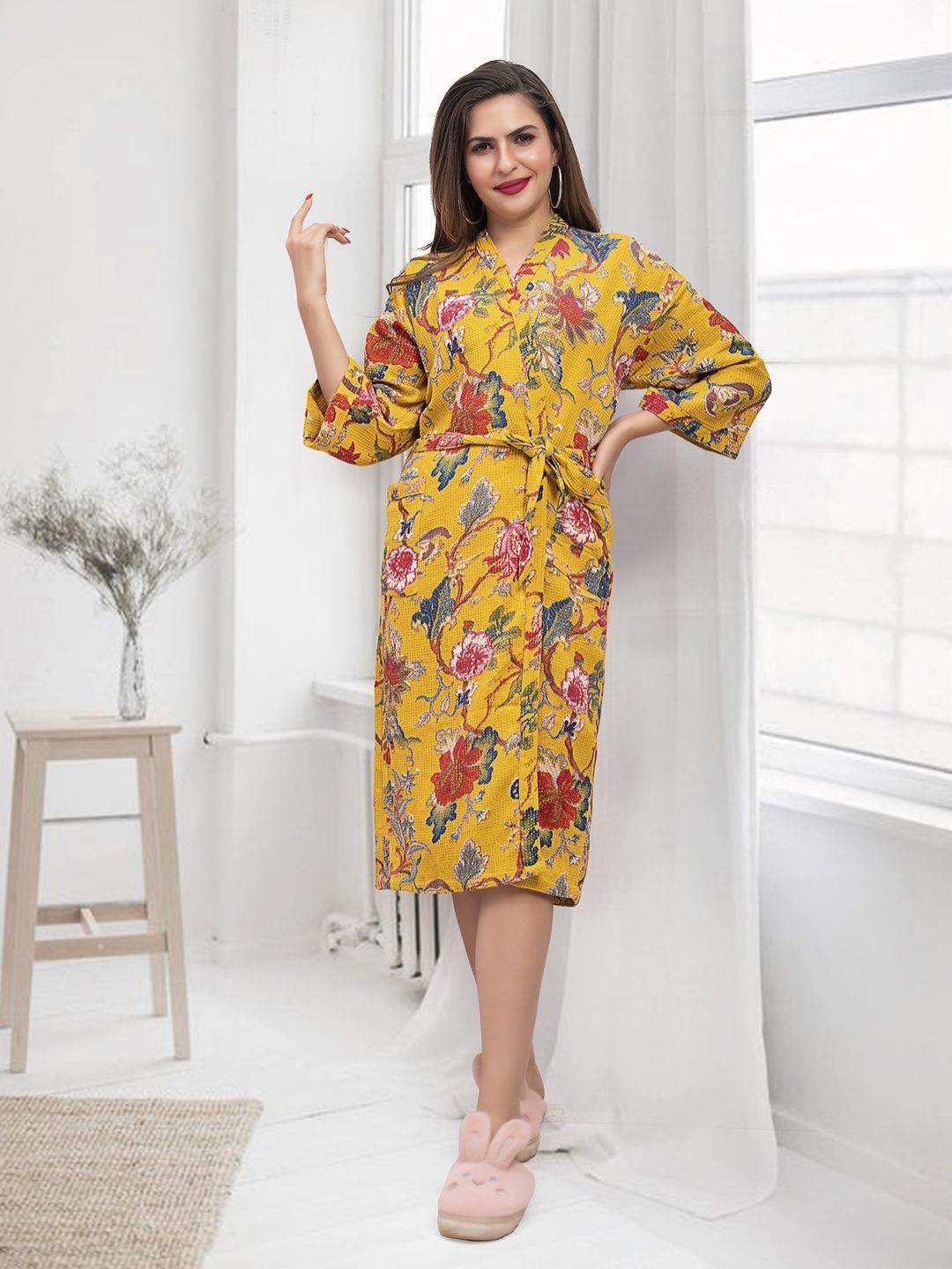 HotGown Yellow & Pink Floral Printed Pure Cotton Bath Robe-image-4