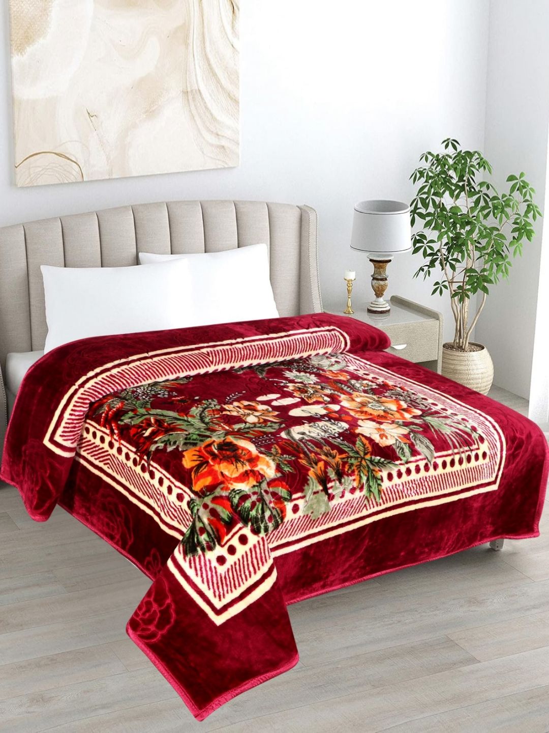 LA VERNE Maroon & Green Floral Mink Heavy Winter 500 GSM Double Bed Blanket-image-2