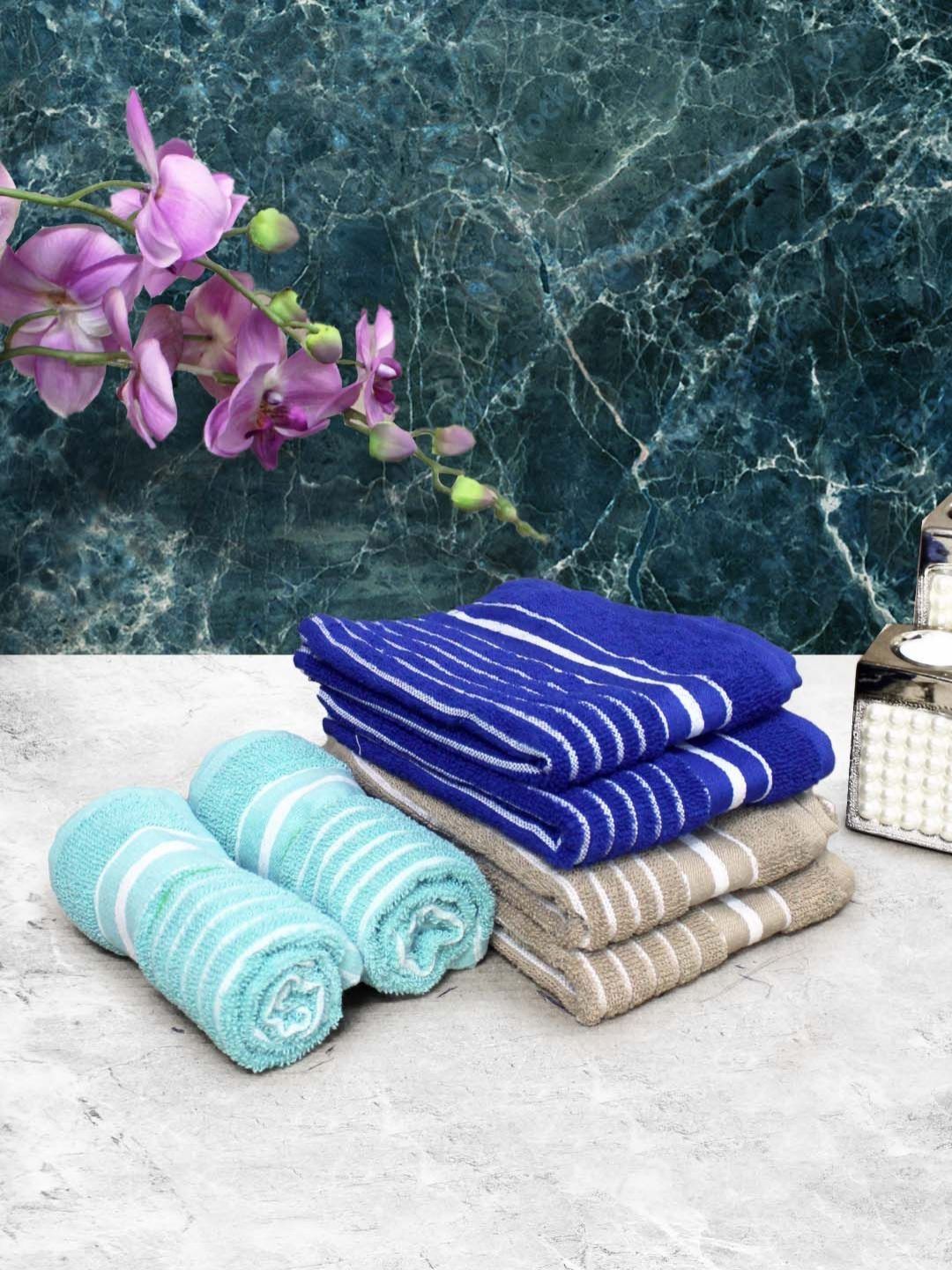 Aura Navy Blue 6 Pieces Striped Pure Cotton 150 GSM Hand Towels