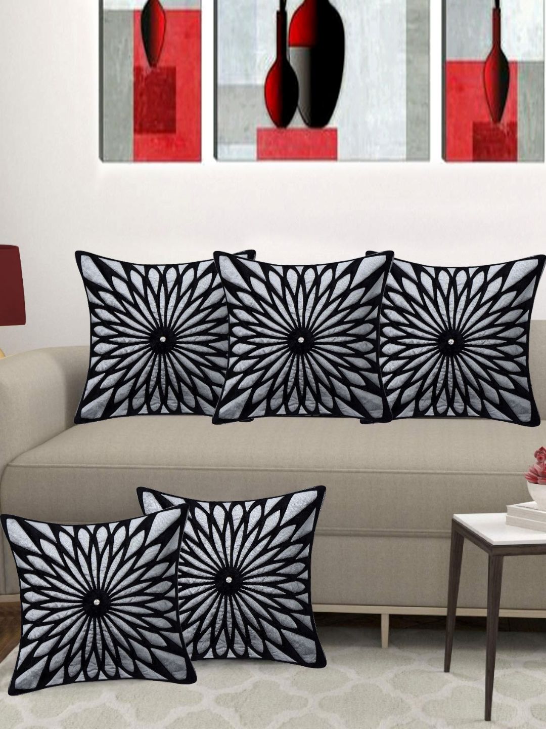 Creeva Black & Grey 5 Pieces Floral Square Cushion Covers-picture-15