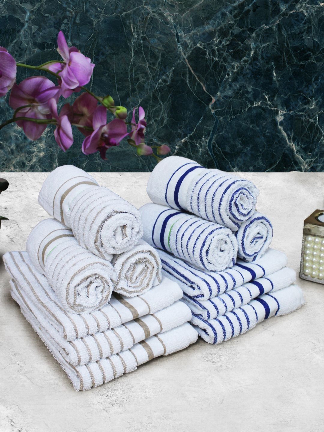 Aura 12Pcs White & Blue Striped Pure Cotton Hand Towels-picture-33