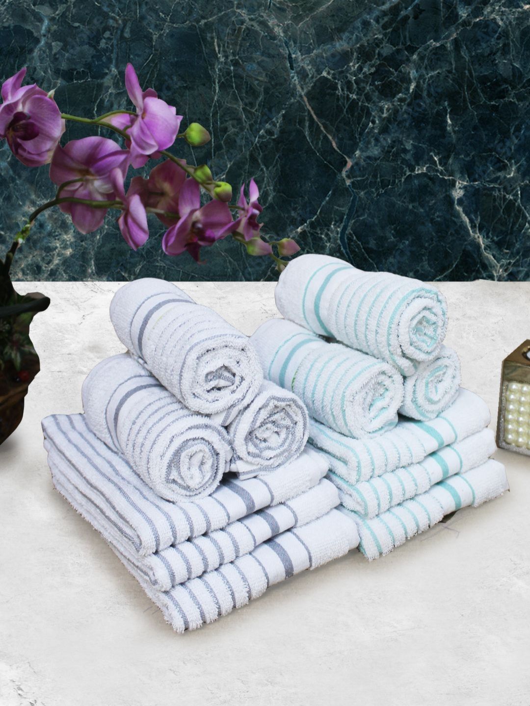 Aura 12Pcs White & Blue Striped Pure Cotton 150 GSM Hand Towels-picture-32