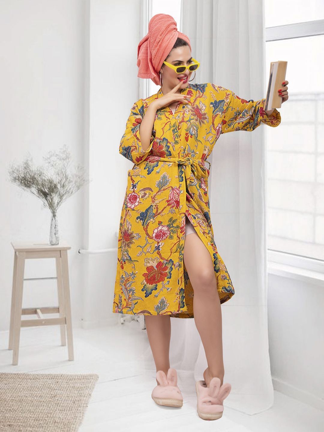 LacyLook Women Waffle Printed Pure Cotton Bath Robe-picture-30