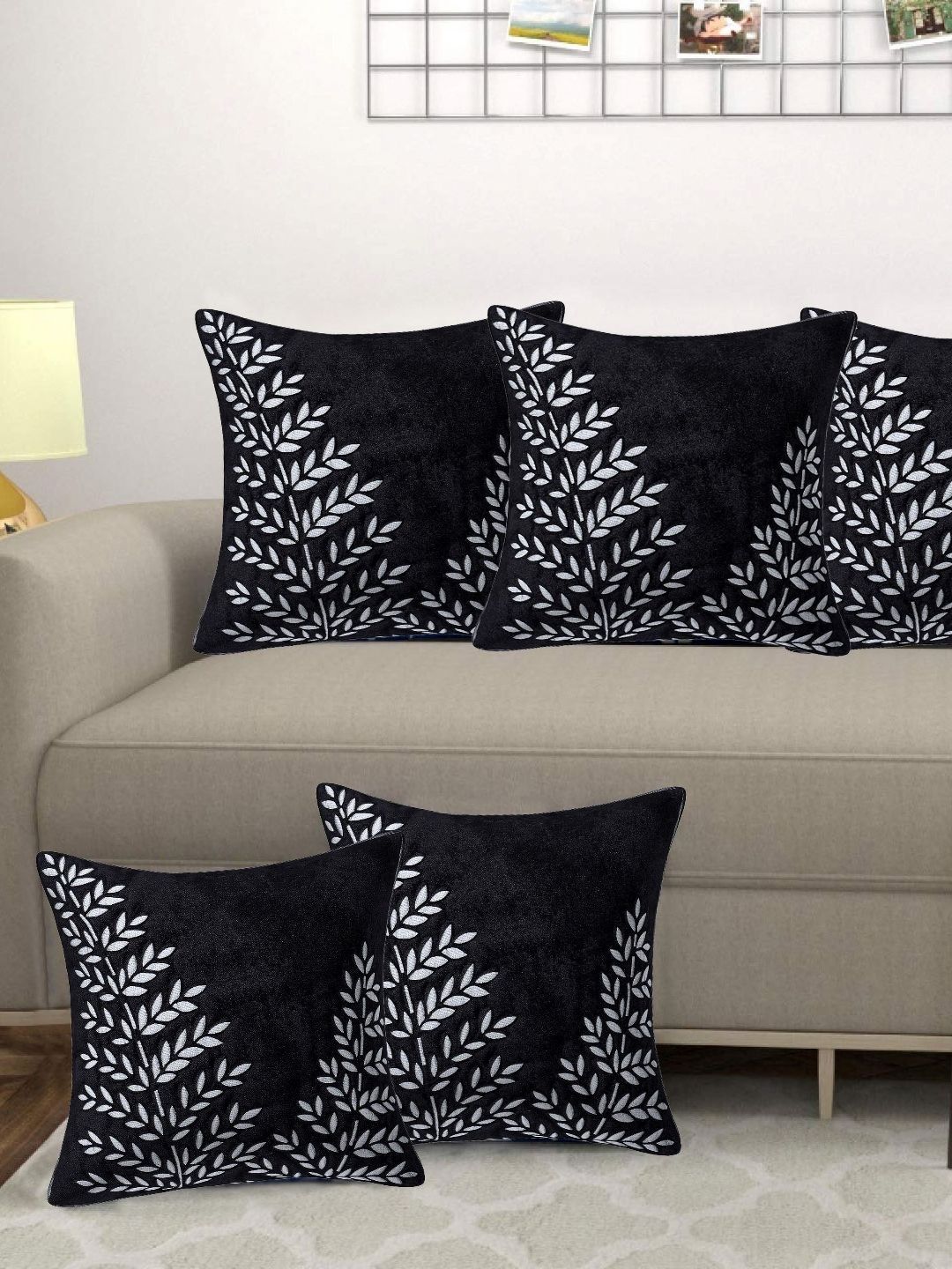 Creeva Black & Silver-Toned 5 Pieces Floral Square Velvet Cushion Covers-picture-12
