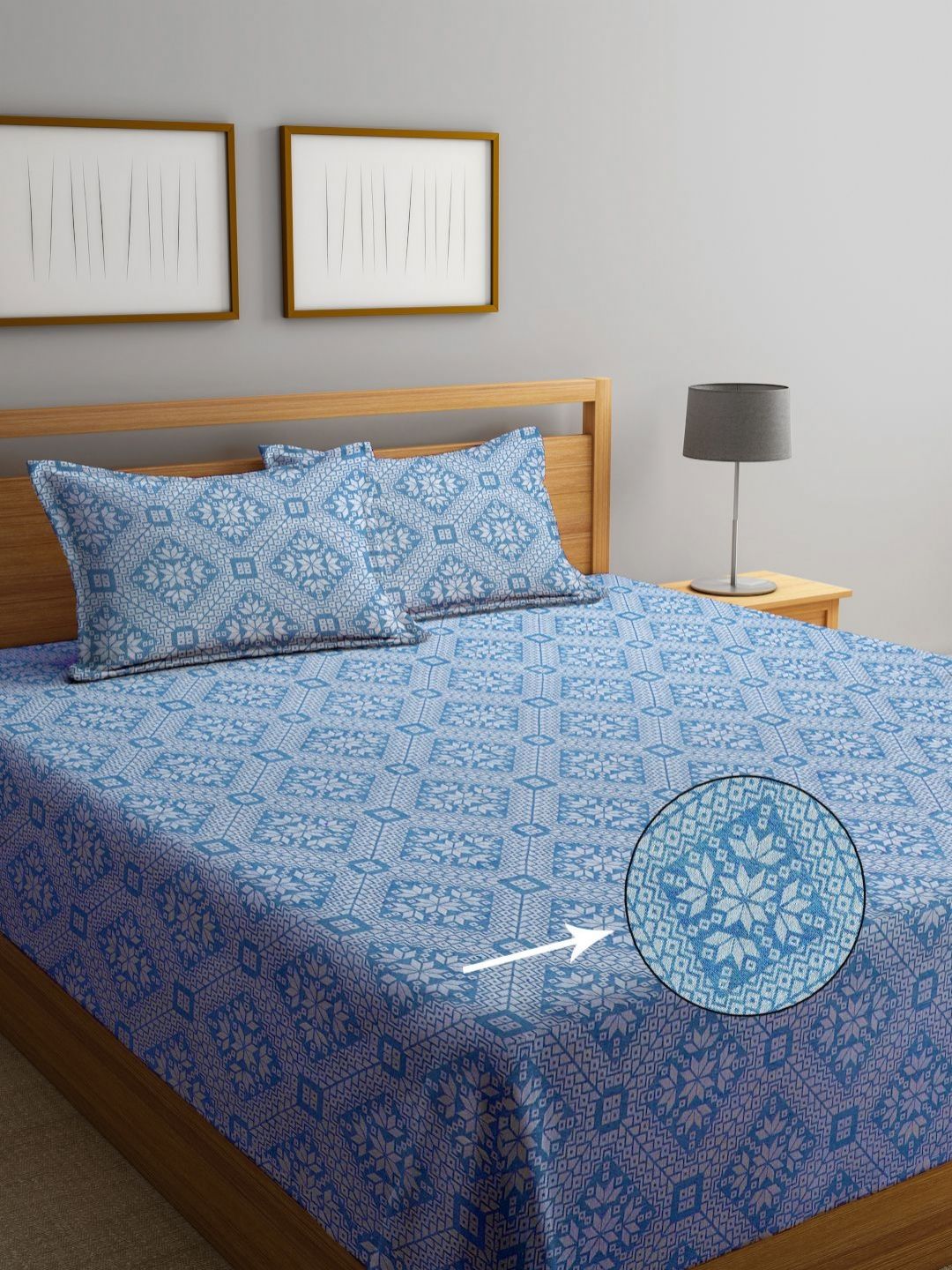 KLOTTHE Blue Floral Design Pure Cotton King Size Bedcover With 2 Pillow Covers