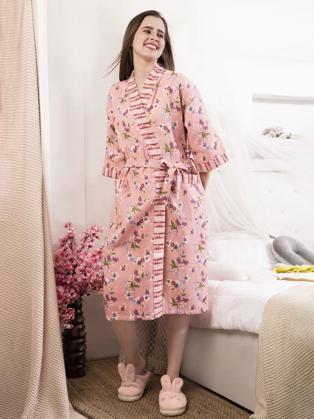 HotGown Pink Printed Pure Cotton BathRobe-picture-45