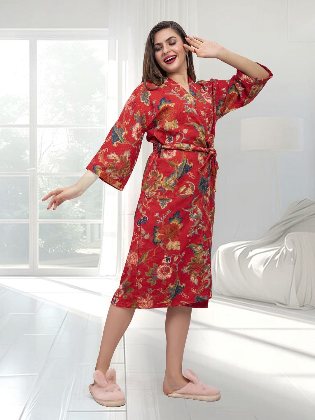HotGown Red & Blue Floral Printed Pure Cotton Bath Robe-image-33