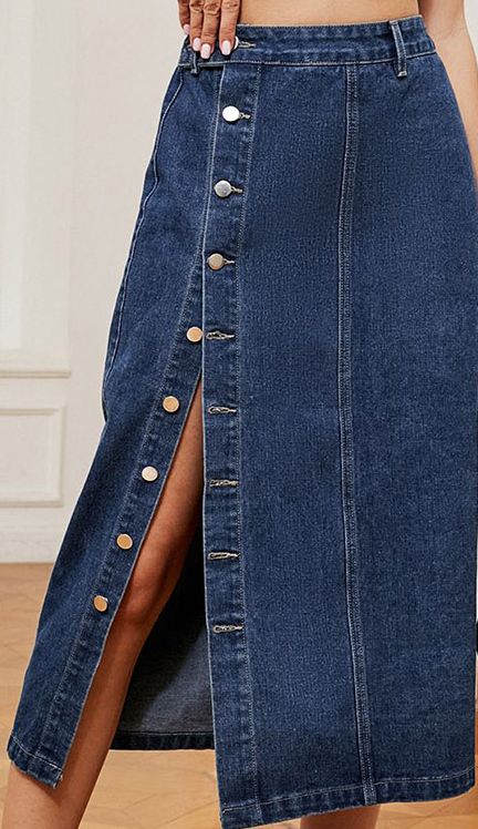 Slit Button Detail Denim Midi Skirt