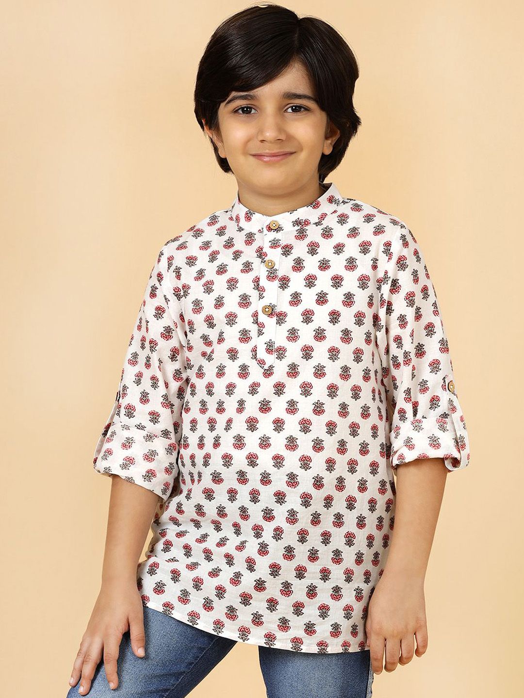 A.T.U.N. Boys Floral Printed Band Collar Pure Cotton Straight Kurta-picture-15