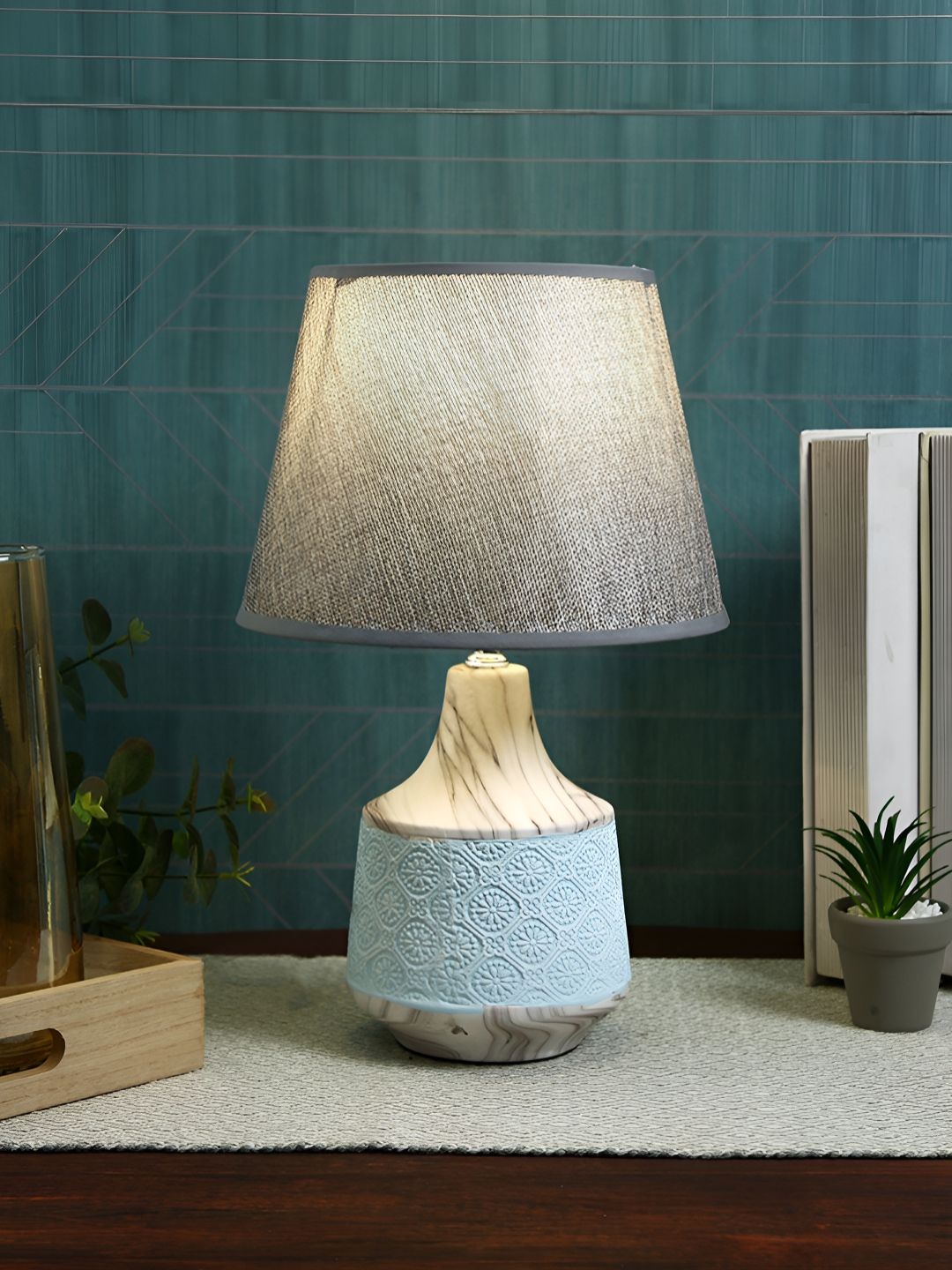 TAYHAA Grey & Blue Textured Ceramic Contemporary Frusturical Shaped Table Lamp-image-4