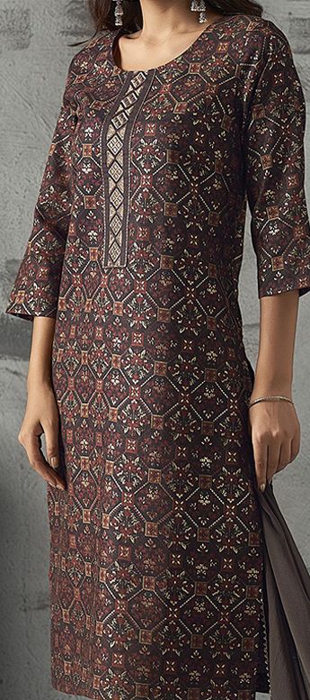 Brown Floral Printed Sequinned Straight Kurta, Salwar and Dupatta Set