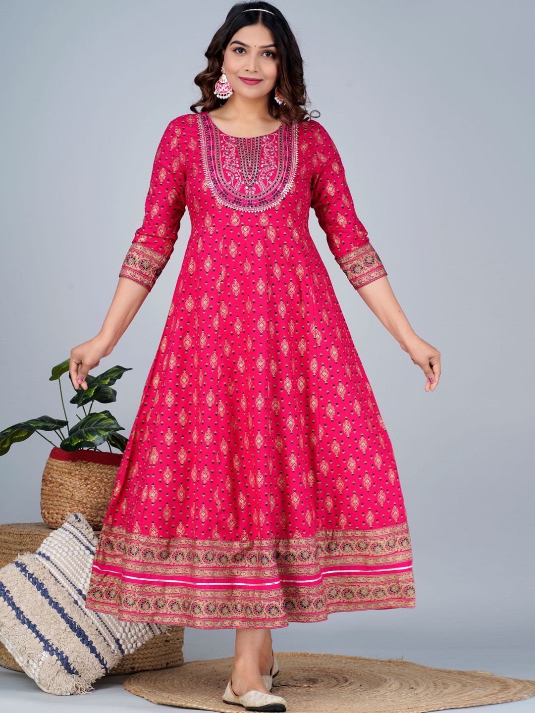 MURLI KURTI Floral Printed Sequined Round Neck Cotton Maxi Ethnic Dresses-image-21