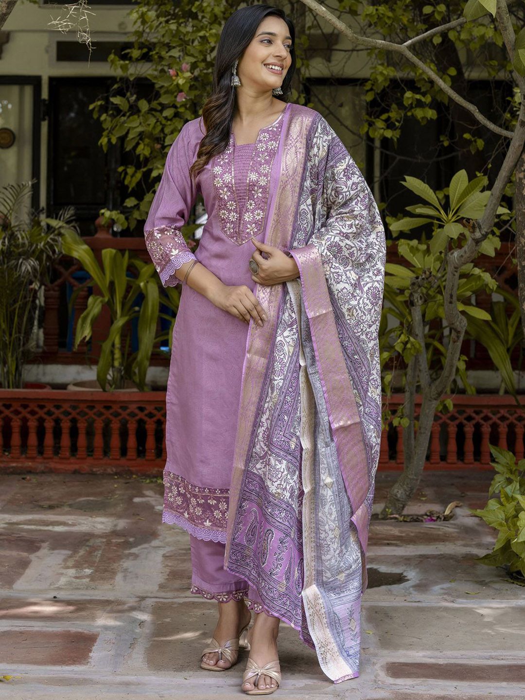 Floral Embroidered Kurta With Trousers & With Dupatta