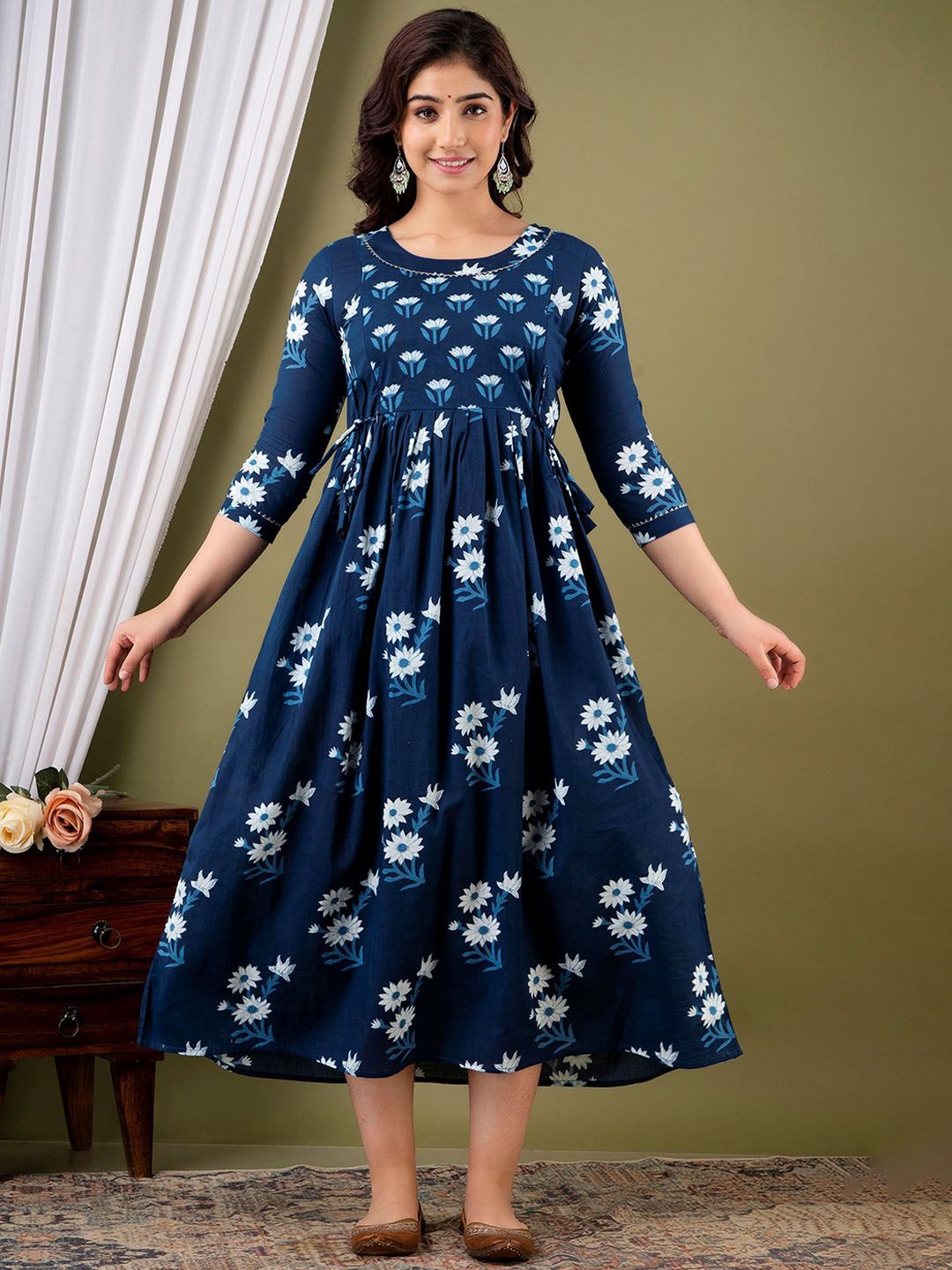 MURLI KURTI Floral Printed Round Neck Cotton Maternity Maxi Ethnic Dresses-image-22