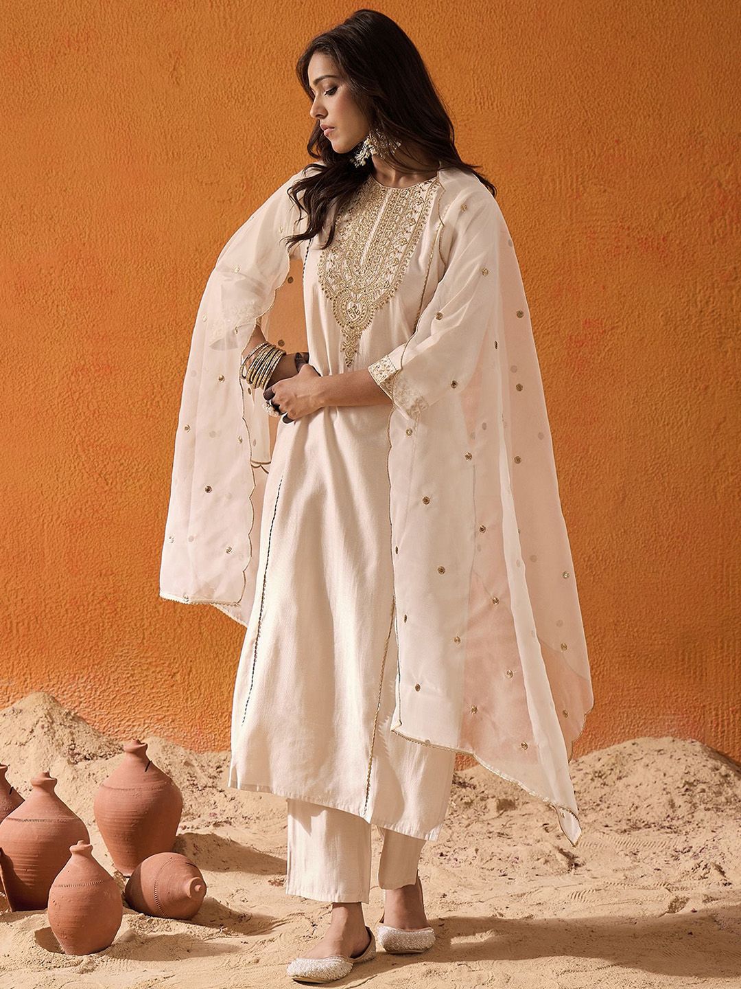 Indo Era Women Ethnic Motifs Embroidered Panelled Liva Kurta with Trousers & With Dupatta-picture-26