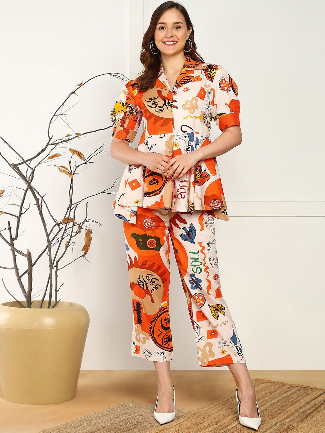 VAHSON Printed Shirt Collar Puff Sleeves Pure Cotton Tunic With Palazzos