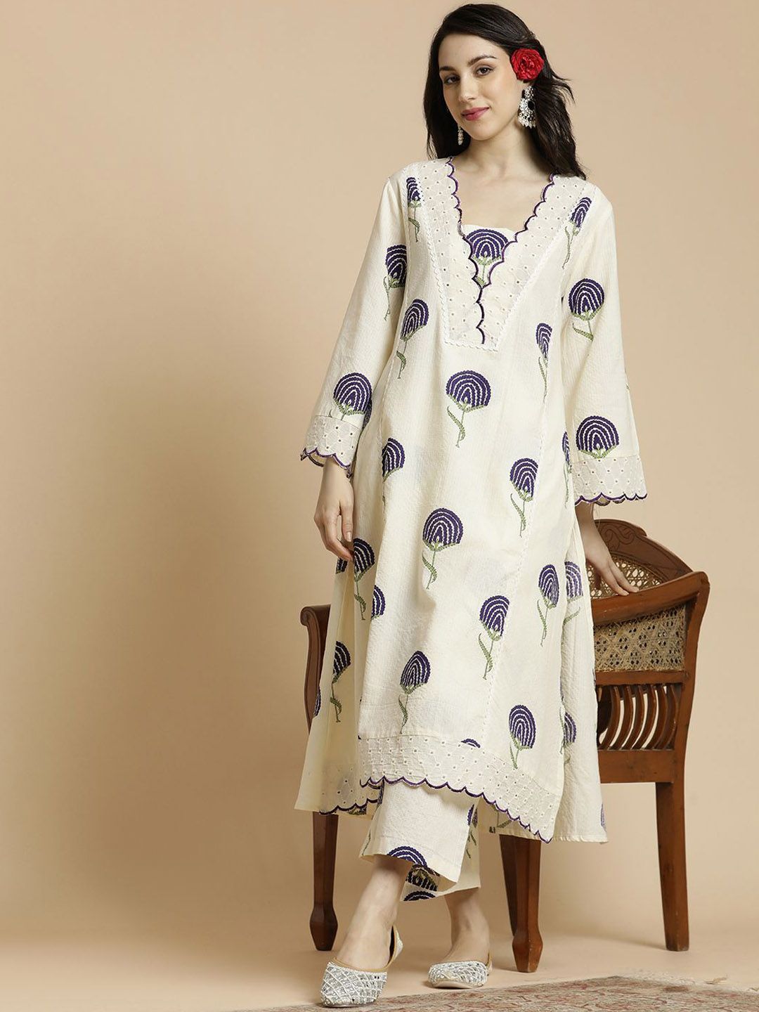 Anouk Floral Printed Bell Sleeves Thread Work Pure Cotton A-Line Kurta With Palazzos