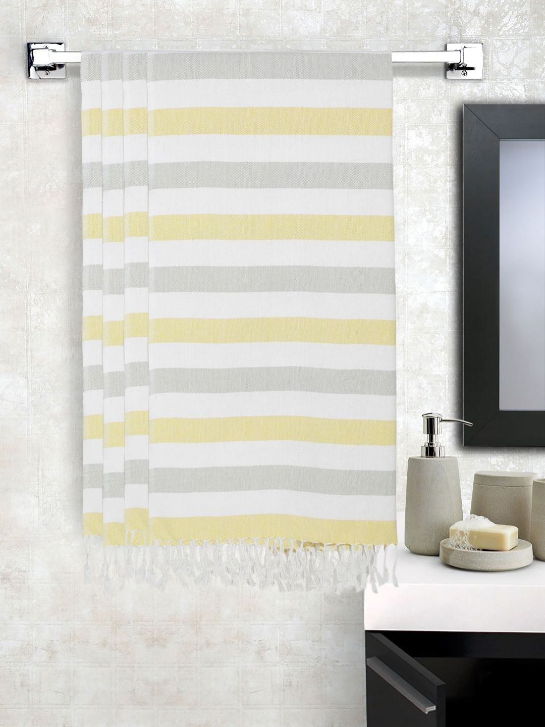 KLOTTHE White & Yellow 4 Pieces Stripes Pure Cotton Bath Towels-image-34