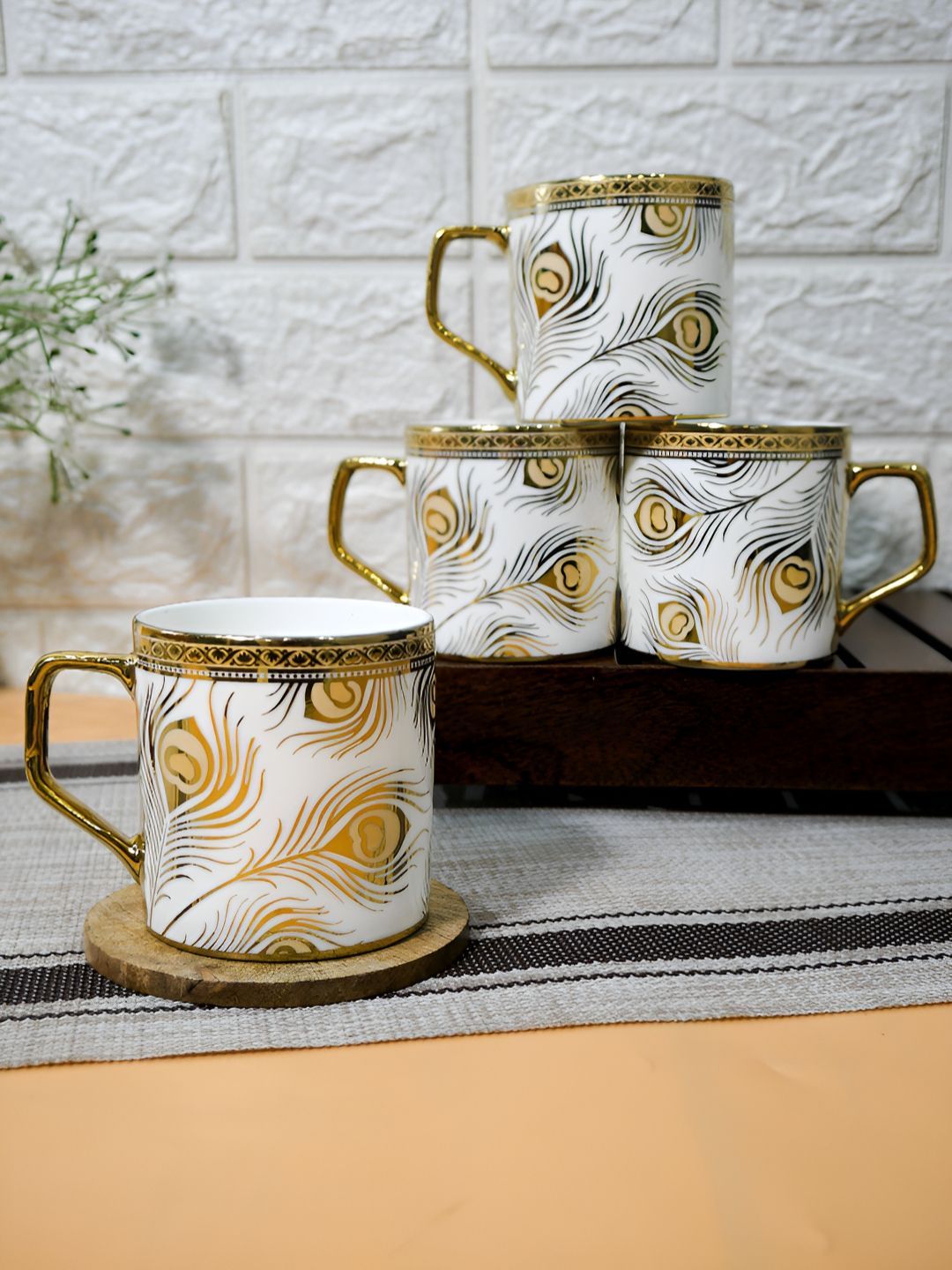 Femora Gold-Toned & White 4 Pieces Floral Printed Ceramic Glossy Cups 180 ml each-image-14