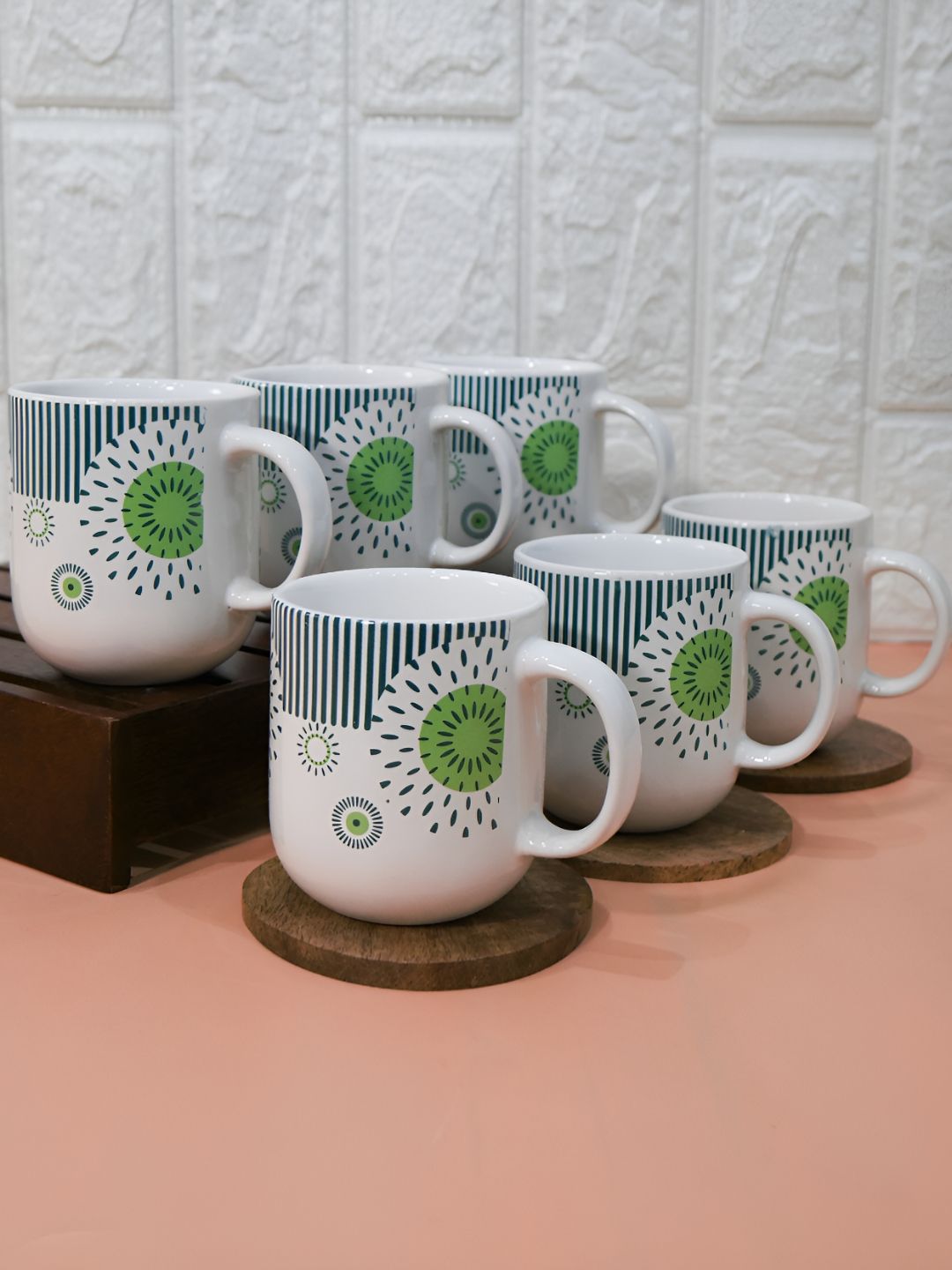 Femora Green & White 6 Pieces Floral Printed Ceramic Glossy Cups-picture-21