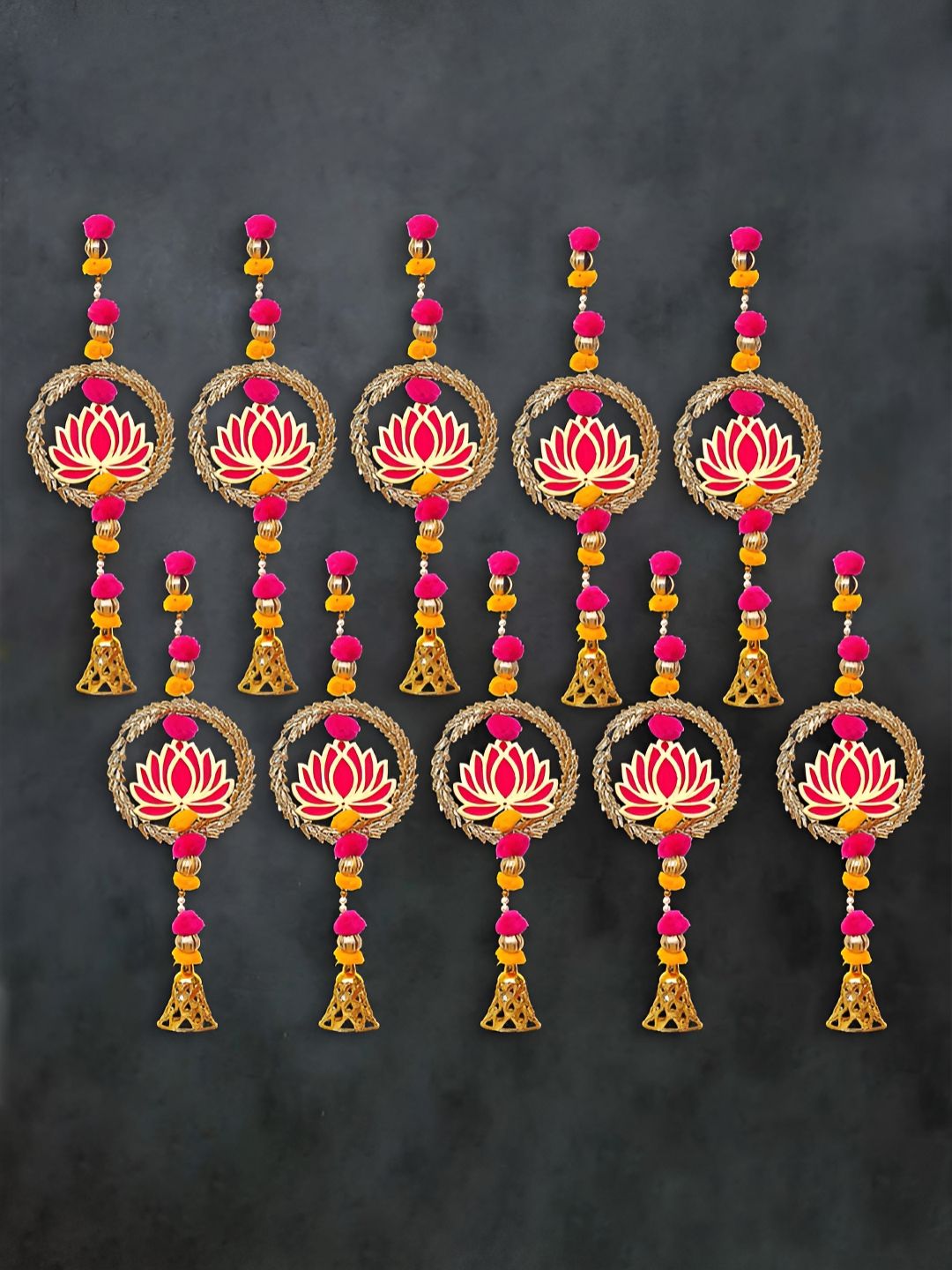 Artisyn God-Toned & Pink 10 Pieces Lotus in Golden Rings Bell Hangings Toran-picture-28