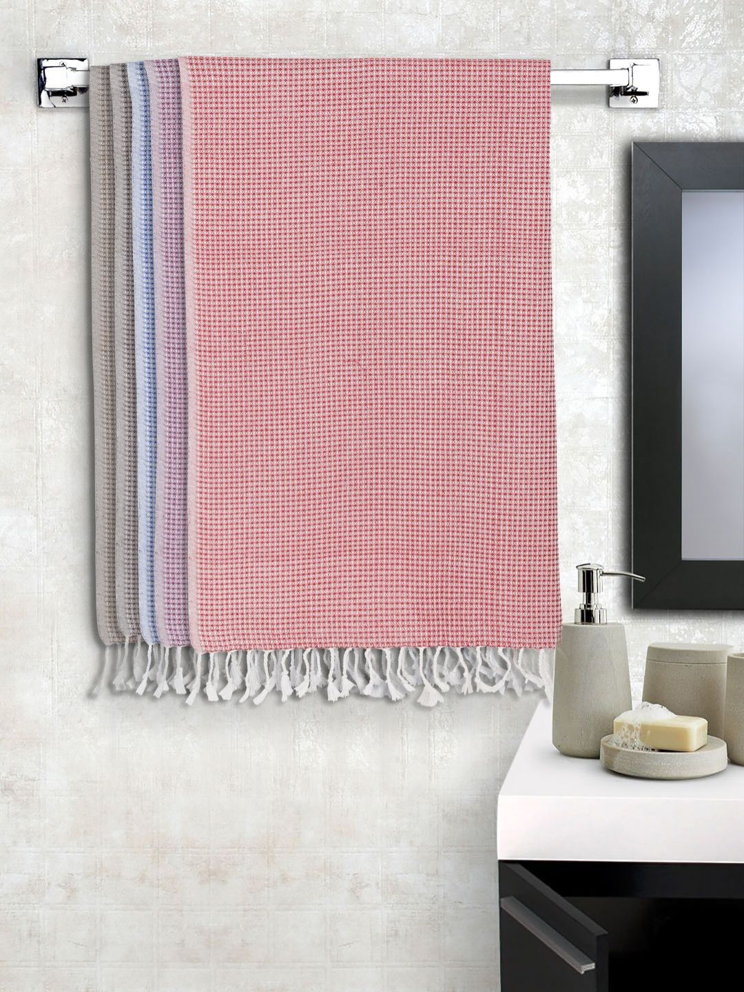 KLOTTHE Green & Grey 5 Pieces Checked Pure Cotton 550 GSM Bath Towels-image-32