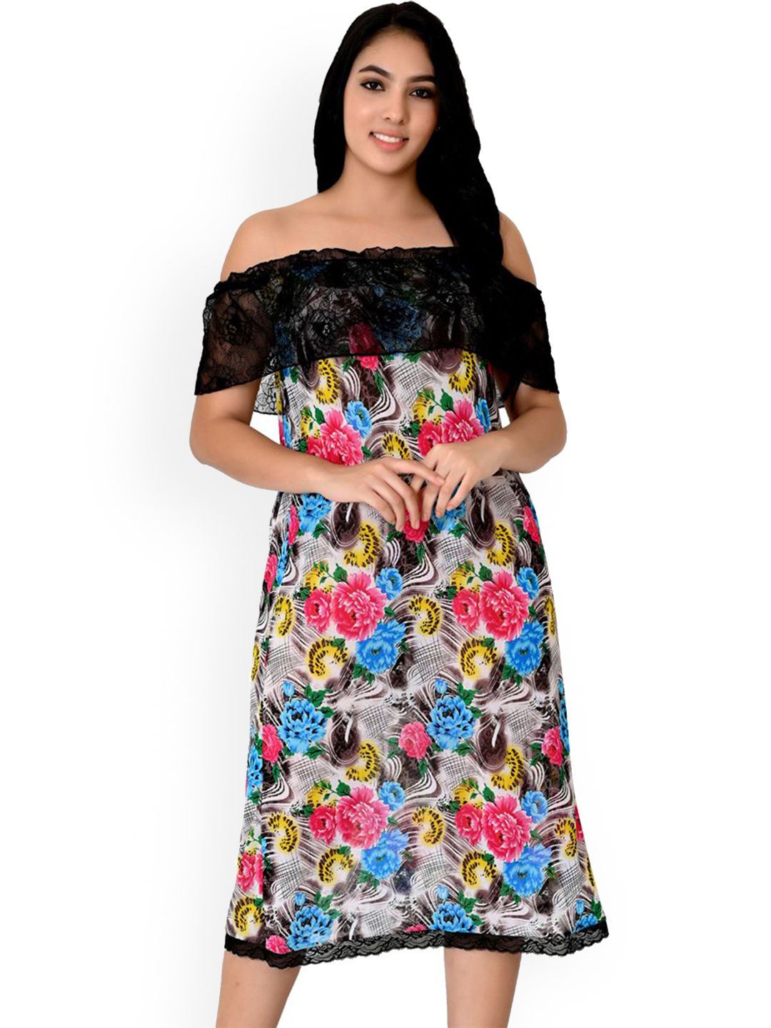 chia fashions Floral Printed Off- shoulder Knee Length Nightdress-picture-23
