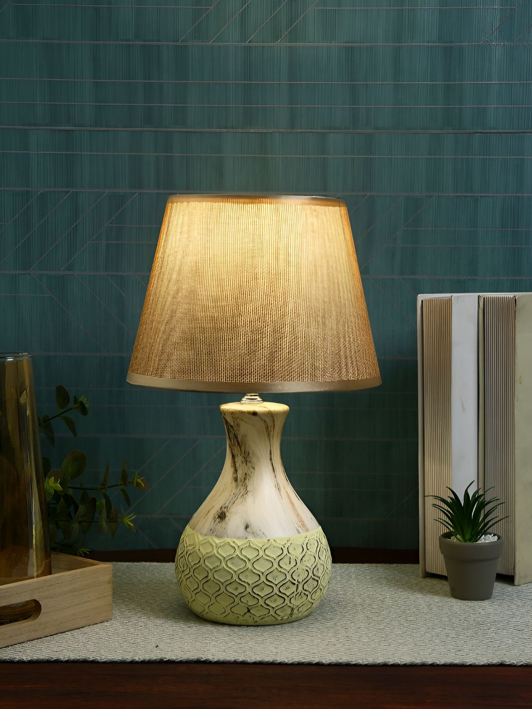 TAYHAA Brown & White Textured Ceramic Contemporary Frusturical Shaped Table Lamp-picture-21