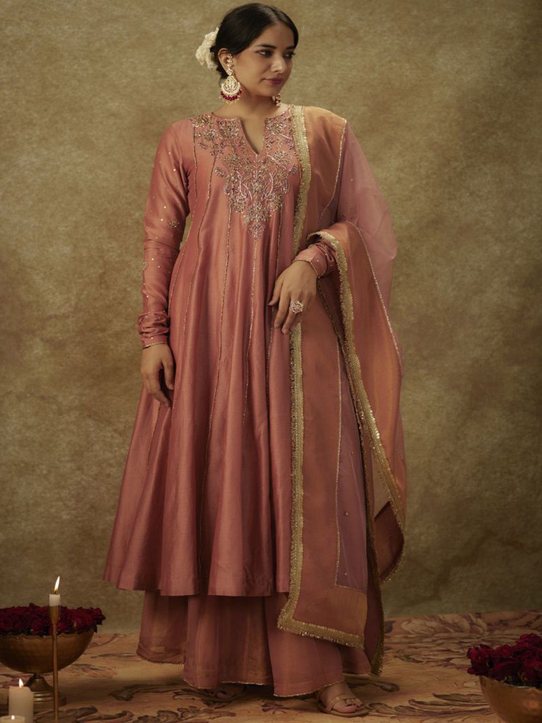 The Aarya Floral Embroidered Panelled Sequinned Chanderi Silk Kurta with Palazzo & Dupatta-picture-46