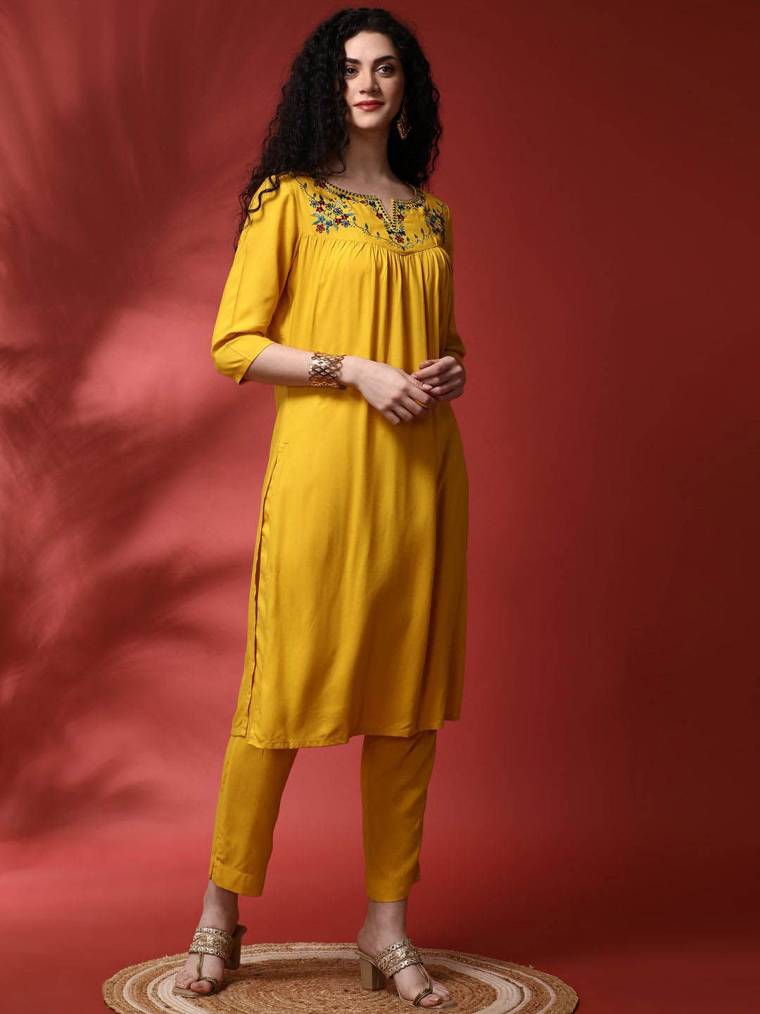Anouk Yellow Floral Embroidered Notch Neck Straight Kurta with Trousers