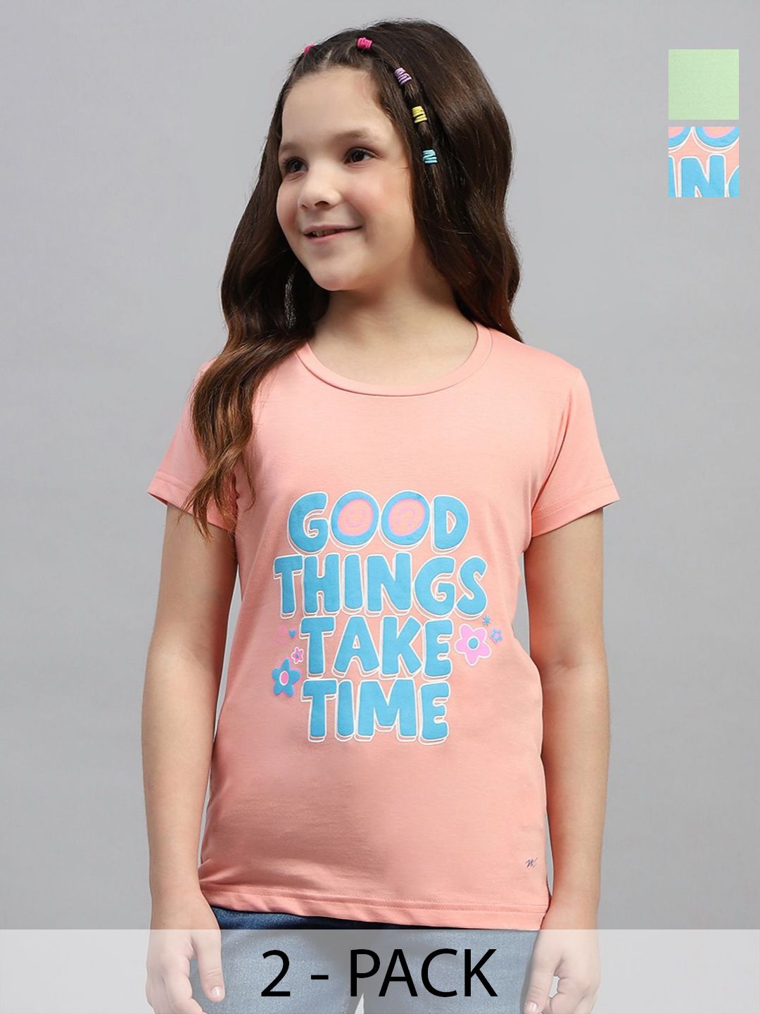 Monte Carlo Pack Of 2 Girls Typography Printed Round Neck Cotton T-shirts-picture-35