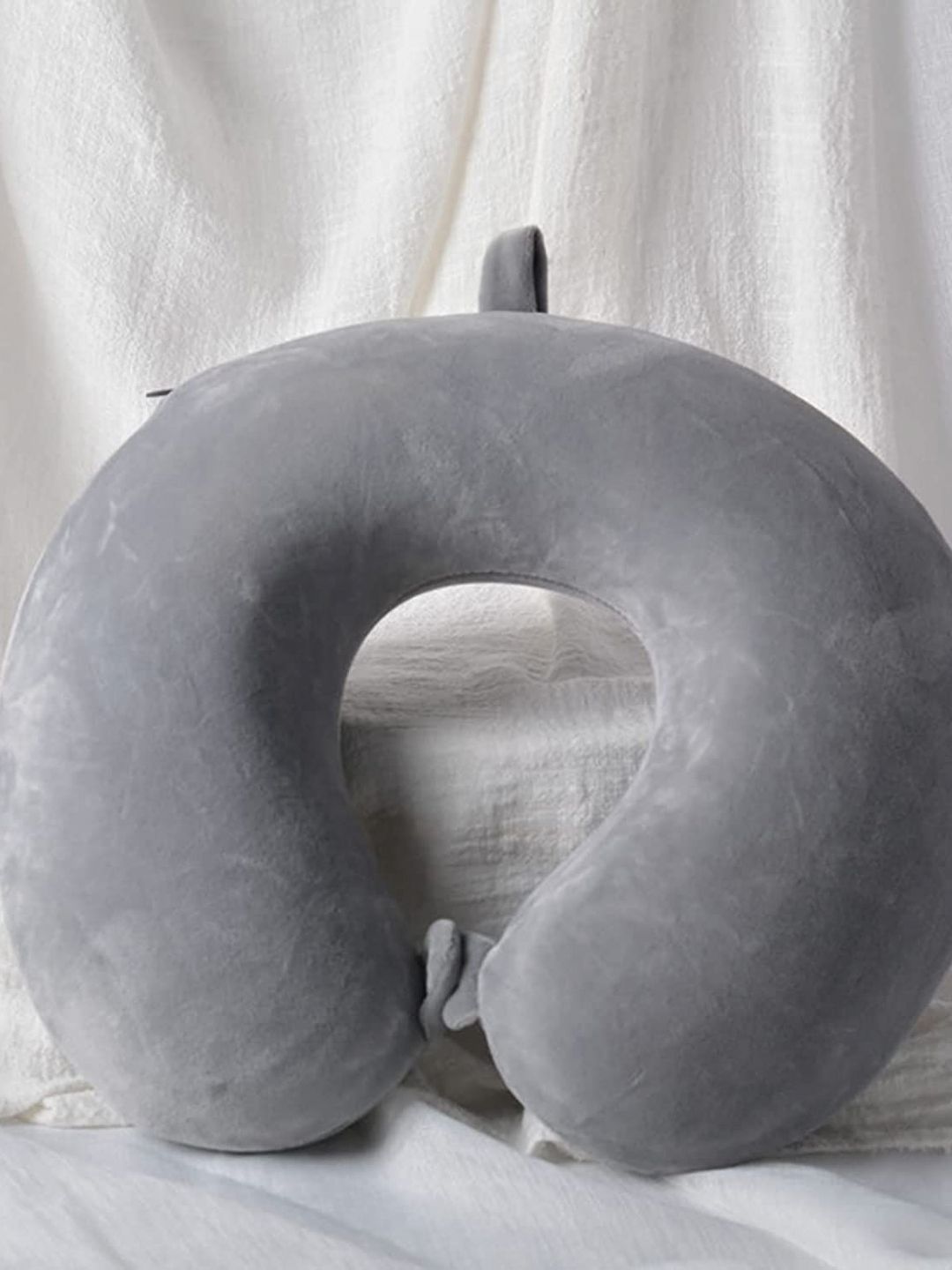 Pum Pum Grey Memory Foam Filled Faux Velvet Lightweight Travel Pillow-picture-18