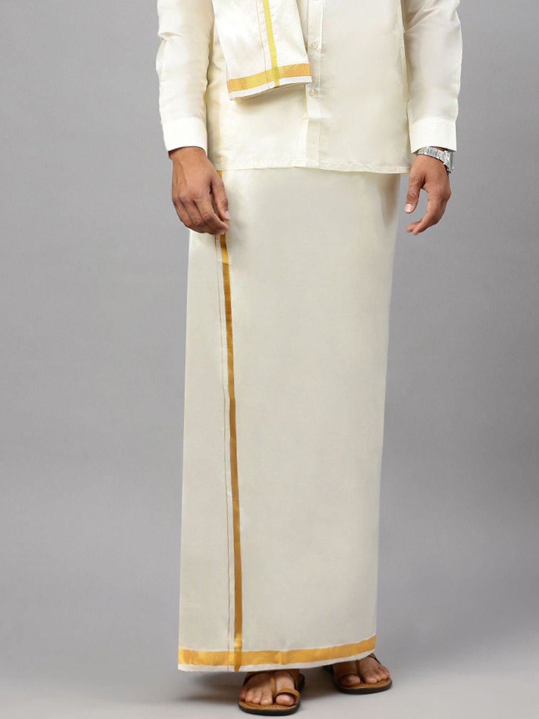 RAMRAJ Men Pure Cotton Dhoti With Golden Zari Border-picture-30
