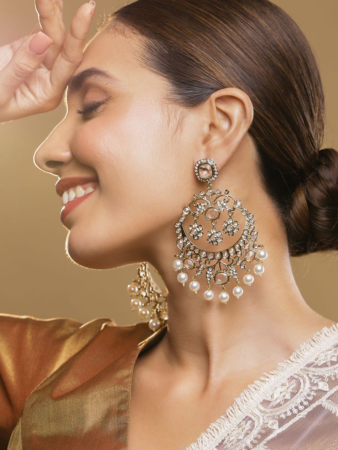 Rubans 18K Gold-Plated Cubic Zirconia Studded Pearls Beaded Chandbali-picture-23