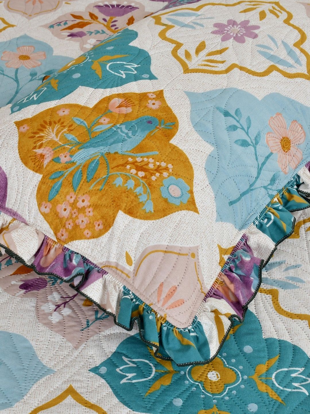 MORADO Beige & Green Printed Double King Bed Cover With 2 Pillow Covers-picture-33