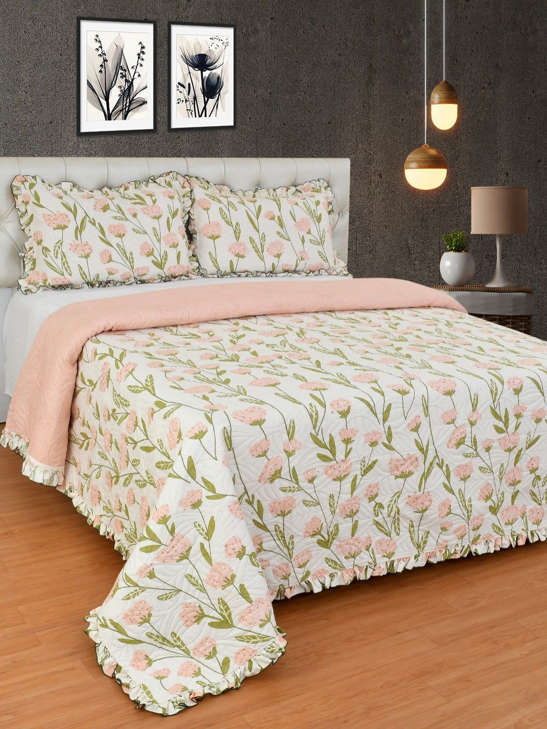 MORADO  Off-White Pink Printed Cotton Quilted Queen Size Bed Cover With Pillows-image-10