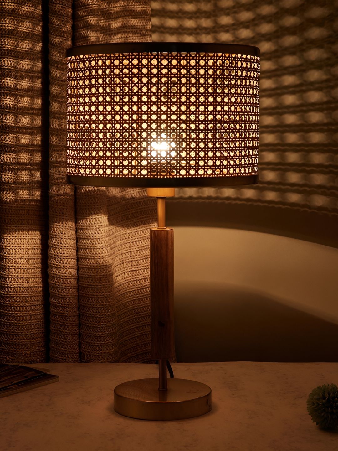 Fabindia Gold-Toned Textured Spherical Shaped Wooden Table Lamp-image-39