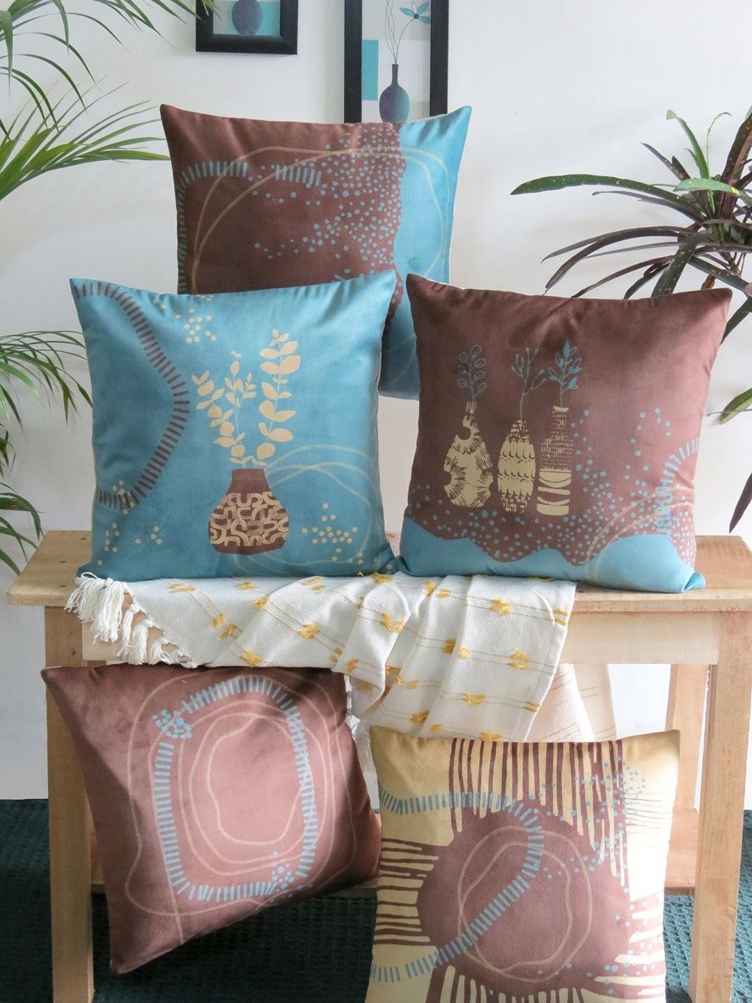 Mid July Home Brown & Blue 5 Pieces Abstract Velvet Square Cushion Covers-image-12